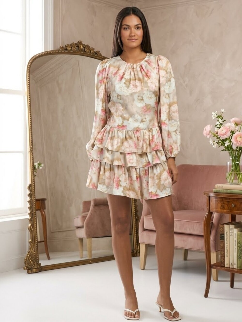 Jacquie The Label Mackenzie Mini Dress Floral Tiered Ruffle Long Sleeve